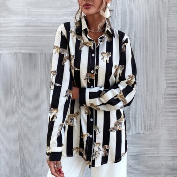Striped & Tiger Print Button Up Blouse - Picture 2 of 7
